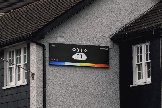 Urban signboard mockup with pixel art and rainbow detail on building exterior, ideal for showcasing branding designs for designers.